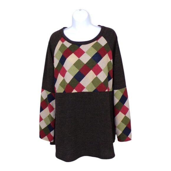 Egs Knit Tunic Sweater with Harlequin plaid bodice and sleeves Sz XL #49 - Picture 1 of 8